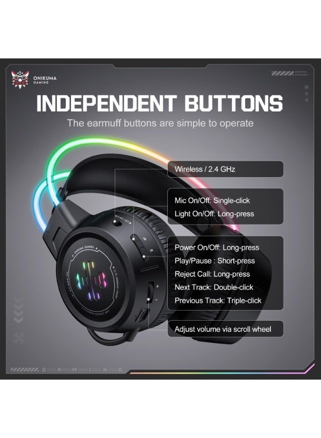 onikuma GT889 2.4G Bluetooth 5.4 Wireless Gaming Headset, Ultra Low Latency, Triple Mode Headphones with Mic for PC, Gamers, Phone and Devices - Image 5
