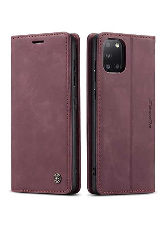 ماركة غير محددة حافظة محفظة لهاتف Samsung Galaxy A31 بتصميم مطفي من الجلد الصناعي Retro PU، تحتوي على حافظة قابلة للطي وفتحات للبطاقات ومغناطيس للوقوف، لون النبيذ.  - Image 1