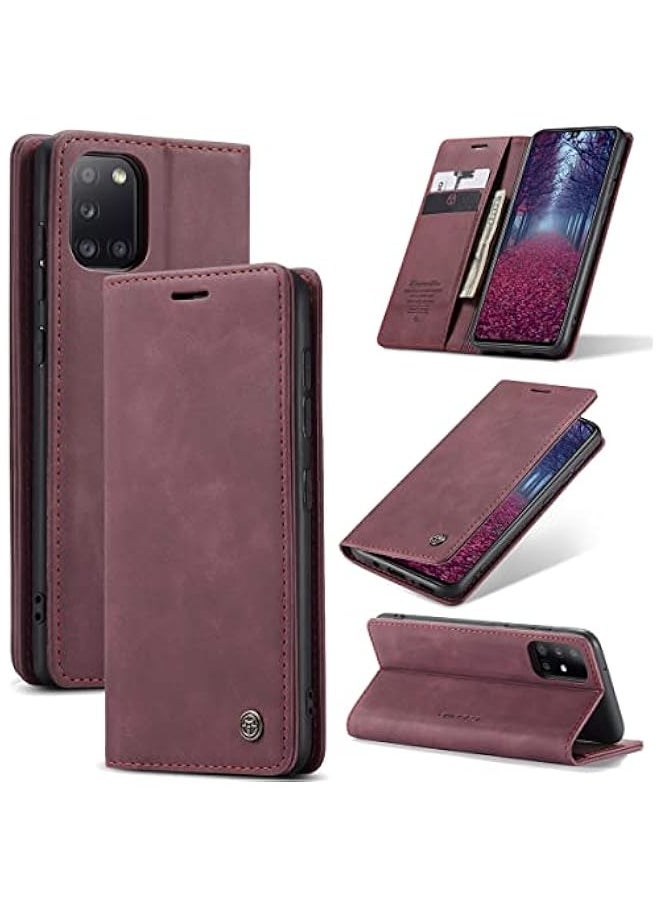ماركة غير محددة حافظة محفظة لهاتف Samsung Galaxy A31 بتصميم مطفي من الجلد الصناعي Retro PU، تحتوي على حافظة قابلة للطي وفتحات للبطاقات ومغناطيس للوقوف، لون النبيذ.  - Image 2