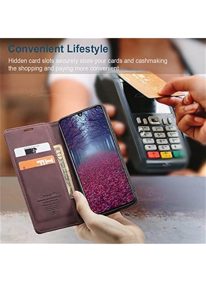ماركة غير محددة حافظة محفظة لهاتف Samsung Galaxy A31 بتصميم مطفي من الجلد الصناعي Retro PU، تحتوي على حافظة قابلة للطي وفتحات للبطاقات ومغناطيس للوقوف، لون النبيذ.  - Image 3