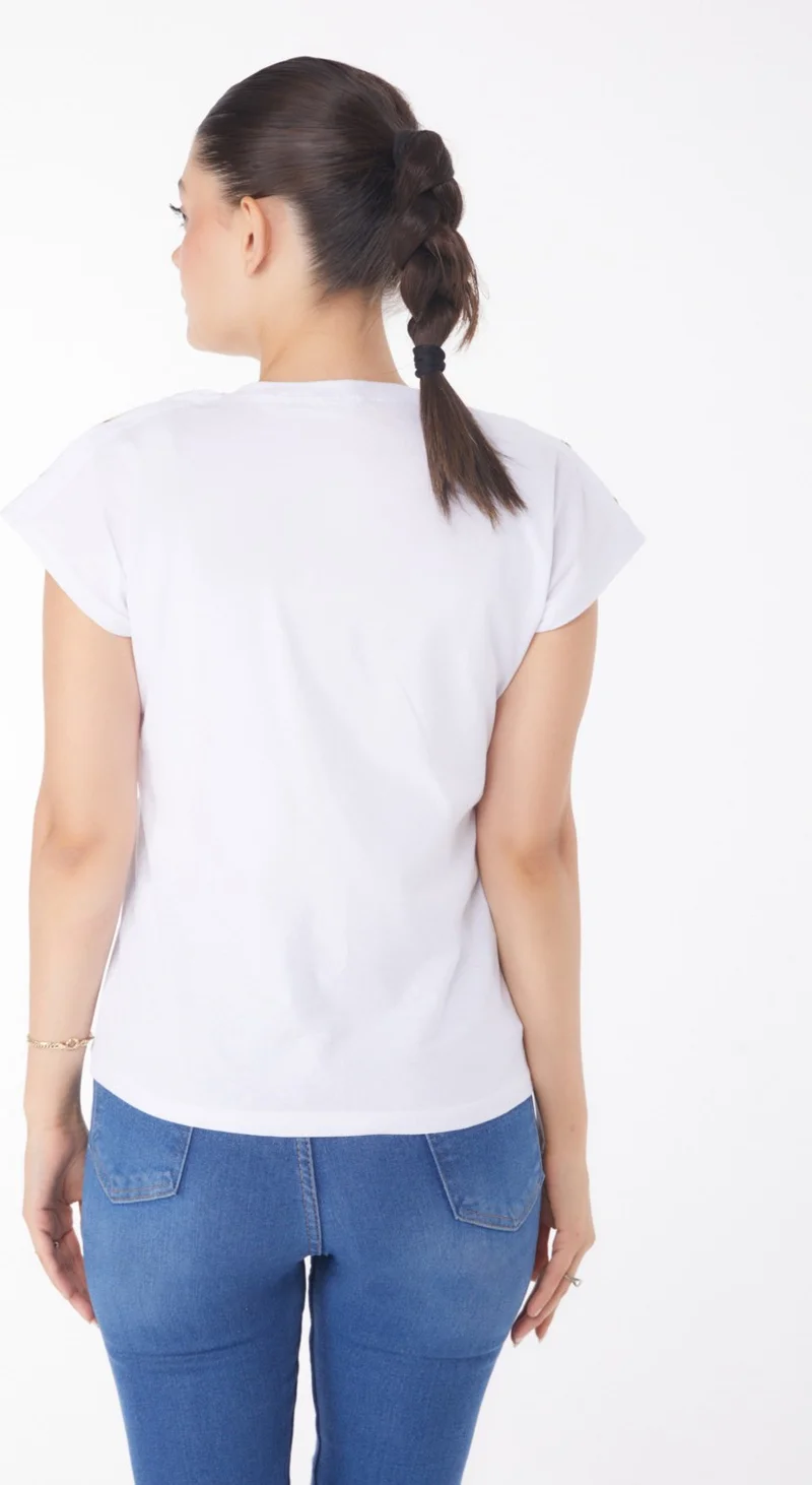 Tofisa Plain Crew Neck Women's White Button Detailed T-Shirt - 25950