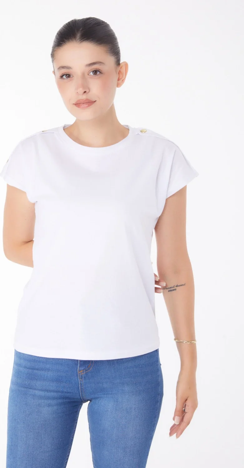 Tofisa Plain Crew Neck Women's White Button Detailed T-Shirt - 25950