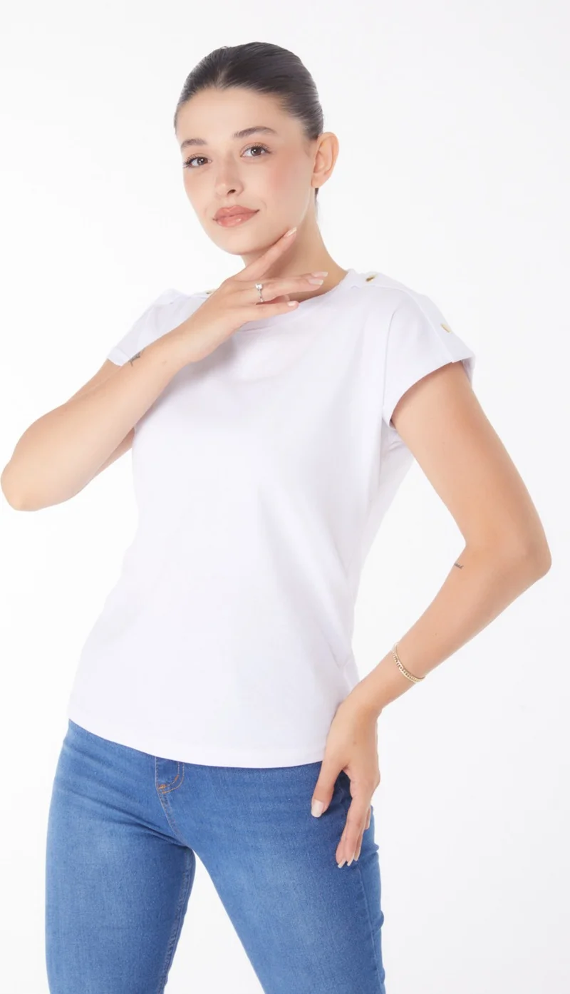 Tofisa Plain Crew Neck Women's White Button Detailed T-Shirt - 25950