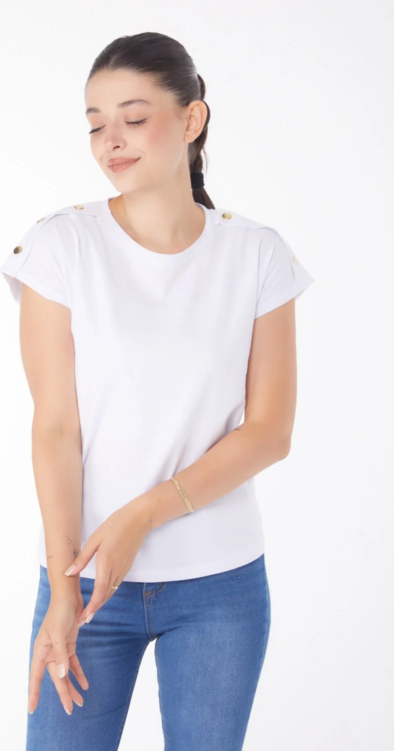 Tofisa Plain Crew Neck Women's White Button Detailed T-Shirt - 25950