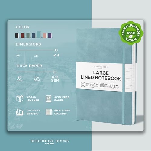 Beechmore Books دفتر ملاحظات بيشيمور ذو الصفحات المسطرة، A4 8.5 × 11.5 بوصة 160 صفحة مسطرة، دفاتر جلدية صلبة للنساء والرجال، الكتابة والدفاتر للعمل - ورق سميك 120 جرام، صندوق هدايا متضمن - Image 2