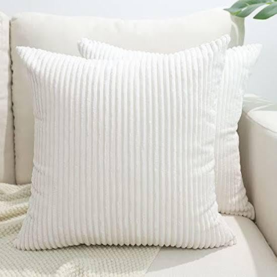 Guffaw Throw Pillow Covers Corduroy with Stripe Pattern Multy Colour Square Soft Cushion Covers Pack of 2 for Couch Bedroom Sofa Living Room Bed Chair (20x20inches, White) - Image 1