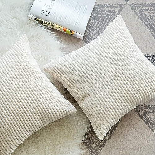Guffaw Throw Pillow Covers Corduroy with Stripe Pattern Multy Colour Square Soft Cushion Covers Pack of 2 for Couch Bedroom Sofa Living Room Bed Chair (20x20inches, White) - Image 2