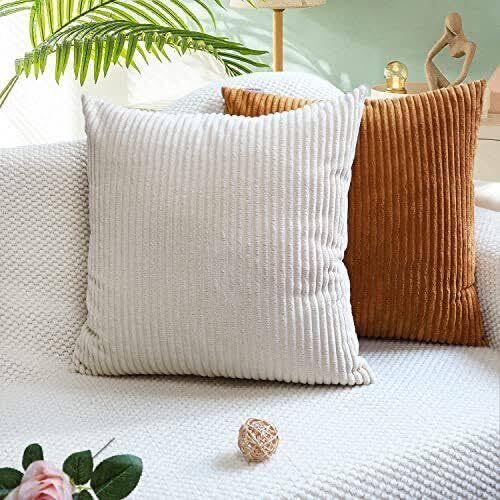 Guffaw Throw Pillow Covers Corduroy with Stripe Pattern Multy Colour Square Soft Cushion Covers Pack of 2 for Couch Bedroom Sofa Living Room Bed Chair (20x20inches, White) - Image 4