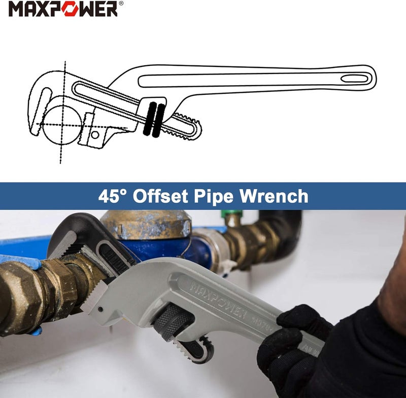 Max Power 18-inch Pipe Wrench, Heavy Duty End Pipe Wrench Aluminum 45 Degree Angled Plumbing Wrench - Image 4