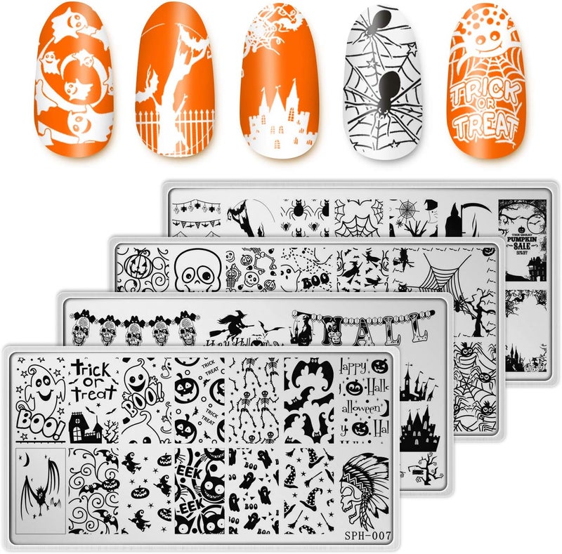 Whaline 4 Pieces Halloween Nail Art Plates Image Stamp Templates Stamping Kit DIY Print Manicure Salon Design