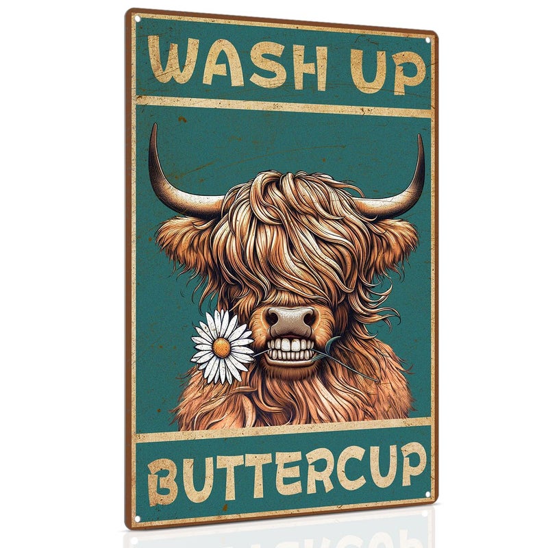 ALKB Highland Cow Sign Bathroom Wall Cow Painting for Western & Highland Cow Lovers - Funny Wash Up Sign 8 x 12 Inch - Image 1