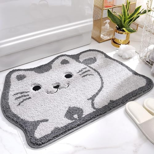 Molesun Cute Animal Bathroom Rug, Absorbent Microfiber Bath Rug Non-Slip Soft Shower Rug, Plush Shaggy Bath Mats for Bathroom Floor, Tub and Shower, Machine Washable, 19" x 28", Cat - Image 1