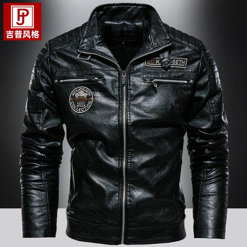 2023 autumn and winter new mens pu coat European and American motorcycle clothing tough guy plus velvet leather handsome casual leather jacket Black  - Image 5