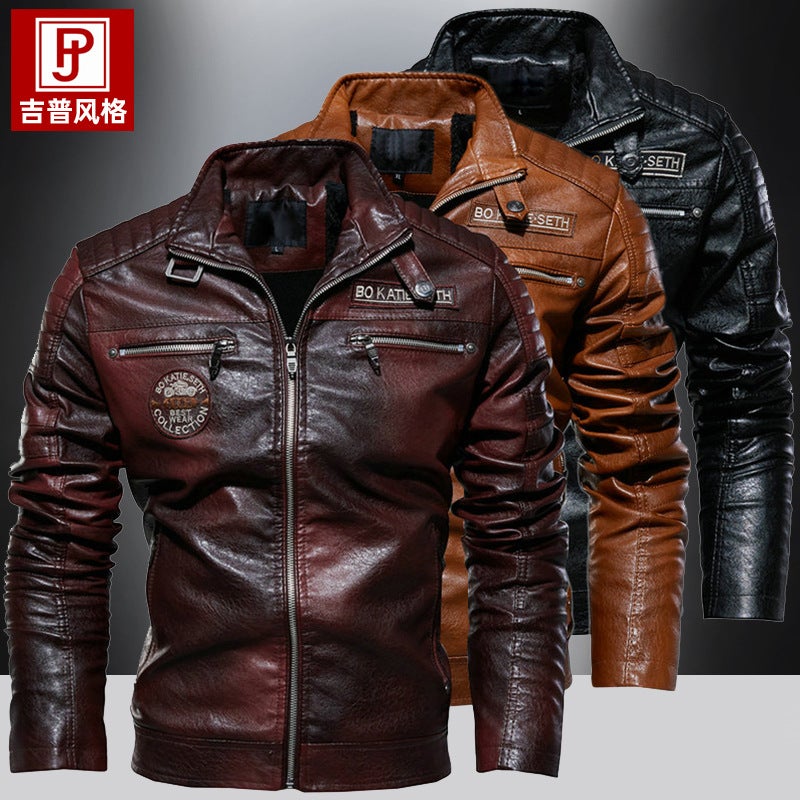2023 autumn and winter new mens pu coat European and American motorcycle clothing tough guy plus velvet leather handsome casual leather jacket Black  - Image 3