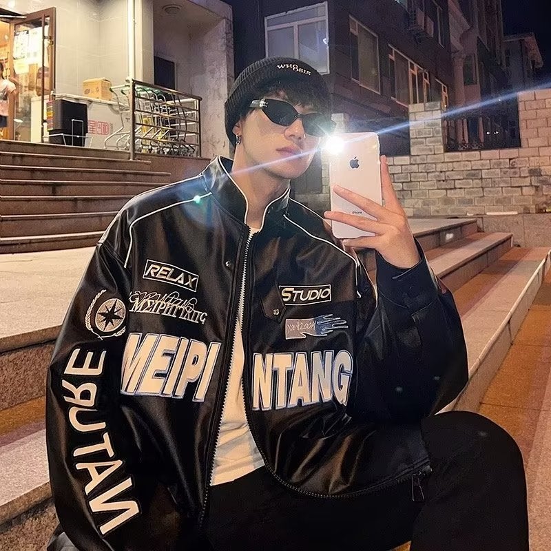 American Jacket Men'S Spring & Fall Street Pilot Motorcycle Clothing Hiphop Trendy Brand Loose Large Size Handsome Top - Image 4