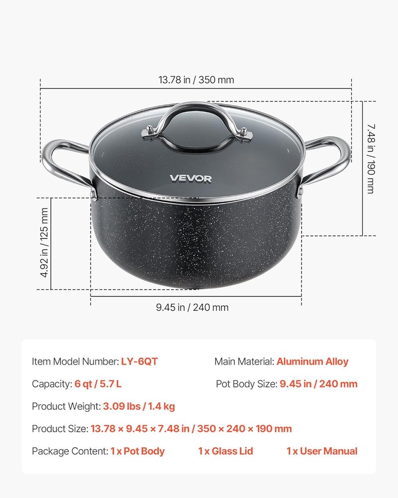 Aluminum Stock Pot, 6-Quart Nonstick Ceramic Coated Pot with Glass Lid, PFOA-Free, PFAS-Free, Compatible with Gas Stoves, Induction Cooktops, Electric Stoves, for Soups, Stews, and Pasta