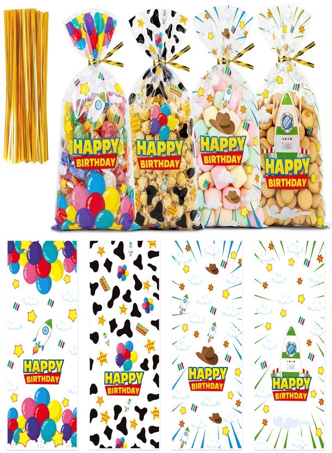 CHENRINDECO 100Pcs Cartoon Story Clear Treat Bags Blue Sky White Clouds Rocket Design Goodie Bags for Birthday Party Cartoon Theme Party Favor Supplies - Image 1
