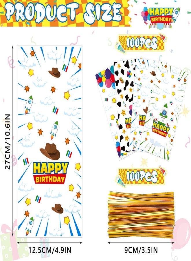 CHENRINDECO 100Pcs Cartoon Story Clear Treat Bags Blue Sky White Clouds Rocket Design Goodie Bags for Birthday Party Cartoon Theme Party Favor Supplies - Image 4