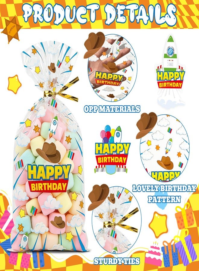 CHENRINDECO 100Pcs Cartoon Story Clear Treat Bags Blue Sky White Clouds Rocket Design Goodie Bags for Birthday Party Cartoon Theme Party Favor Supplies - Image 5