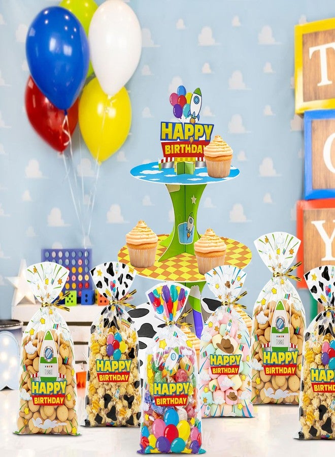 CHENRINDECO 100Pcs Cartoon Story Clear Treat Bags Blue Sky White Clouds Rocket Design Goodie Bags for Birthday Party Cartoon Theme Party Favor Supplies - Image 3
