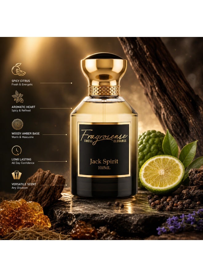 Fragrosense عطر جاك سبيريت للرجال 100 مل - عطر حار حمضي مع ملاحظات البرغموت والفلفل والفيتيفر والأرز والأمبروكسان واللابدانوم - رائحة خشبية جريئة للرجال - Image 2