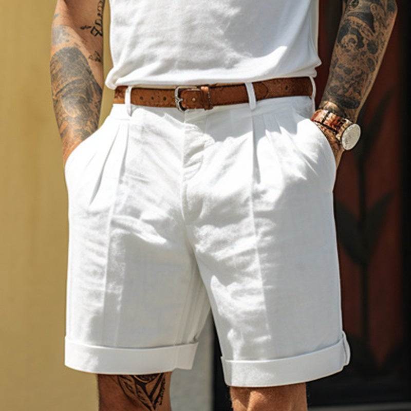 Men'S Linen Shorts, Summer Shorts, Pleated Shorts With Pockets, Straight-Leg, Plain, Comfortable, Breathable Shorts - Image 1