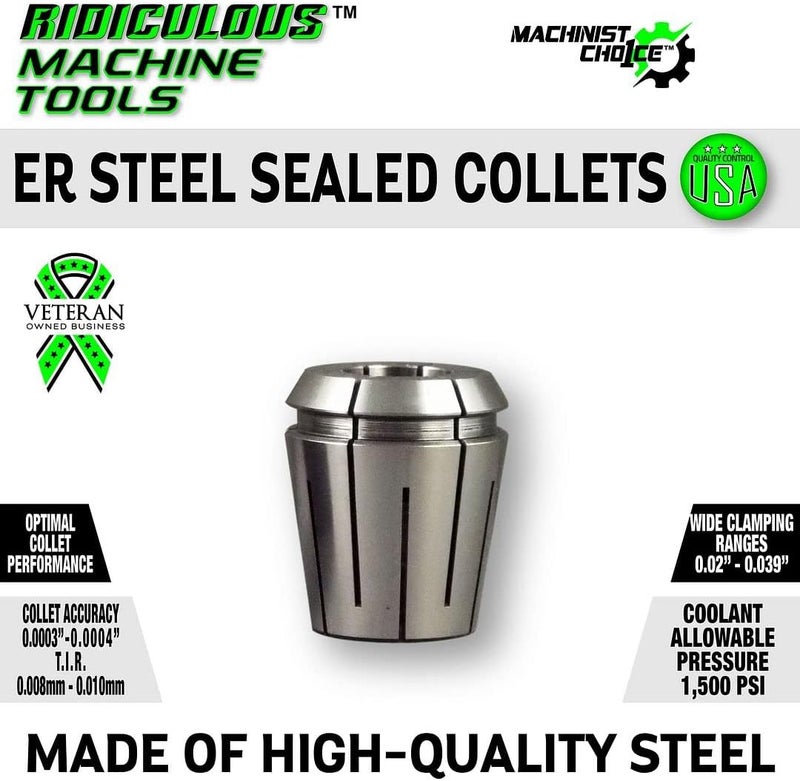 Ridiculous Machine Tools 7/32" ER32 STEEL SEALED Spring Collets INCH (0.0003" T.I.R.) Coolant Collet 1500 MAX PSI Machinist choice - Image 2