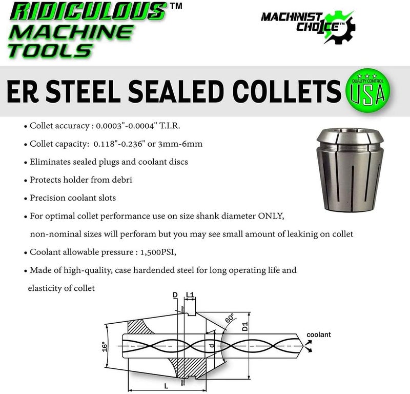 Ridiculous Machine Tools 7/32" ER32 STEEL SEALED Spring Collets INCH (0.0003" T.I.R.) Coolant Collet 1500 MAX PSI Machinist choice - Image 3