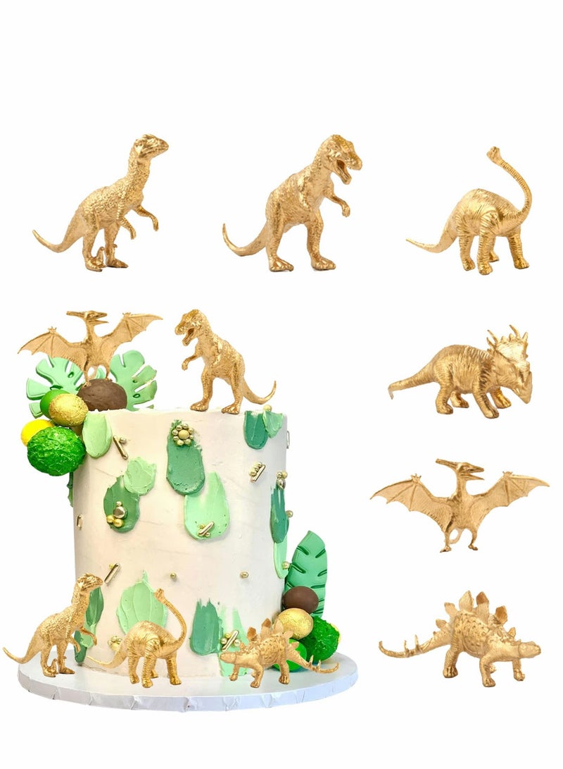 SYOSI Gold Dinosaur Figurine, 6 Pcs Plastic Animal Cake Toppers Decor for Boys Girls Baby Shower Kids Birthday Party Dinosaur Party Supplies