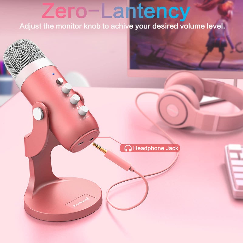 ZealSound ميكروفون زيلساوند للألعاب USB باللون الوردي مع كتم سريع للهاتف والكمبيوتر PC و PS5، ميكروفون استوديو مع تحكم في الكسب، وضبط حجم الصدى والمراقبة لتسجيل الصوت المباشر، بودكاست، فيديو K66 - Image 4