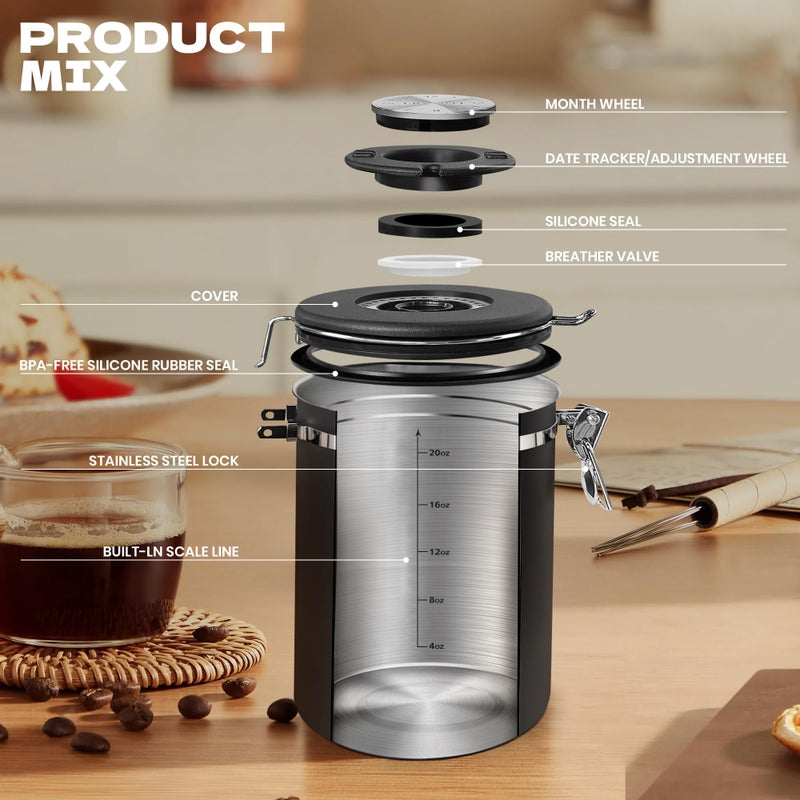 LRYYBTI Coffee Canisters with Window,Scoop and Airtight Lid Stainless Steel Kitchen Bean Storage Grounds Containerï¼ˆ22OZ/Black)Date Tracker and Scoop for Grounds Coffee Bar Accessories Beans, Cereal, Sugar - Image 3