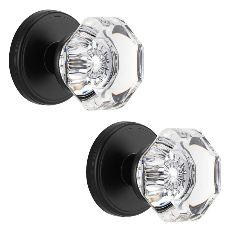 Clctk Crystal Glass Dummy Round Door Knob, Bifold Closet Dummy Door Handles Octagon Non-Turning Single Side, Matte Black, 2 Pack - Image 1