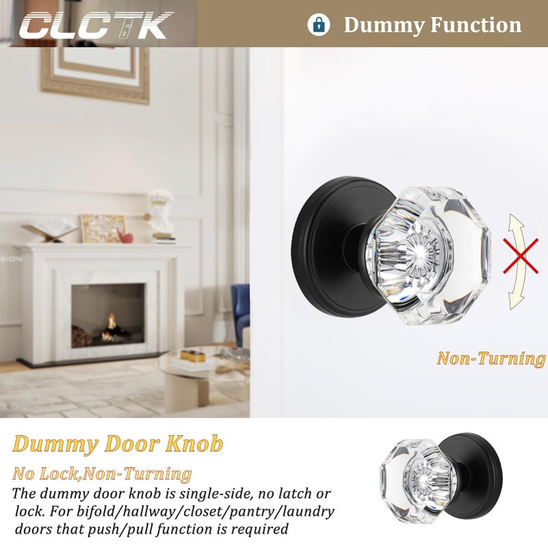 Clctk Crystal Glass Dummy Round Door Knob, Bifold Closet Dummy Door Handles Octagon Non-Turning Single Side, Matte Black, 2 Pack - Image 3