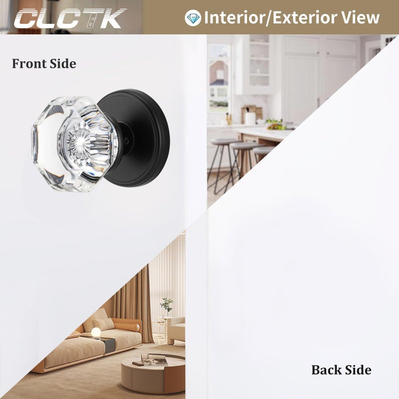 Clctk Crystal Glass Dummy Round Door Knob, Bifold Closet Dummy Door Handles Octagon Non-Turning Single Side, Matte Black, 2 Pack - Image 2