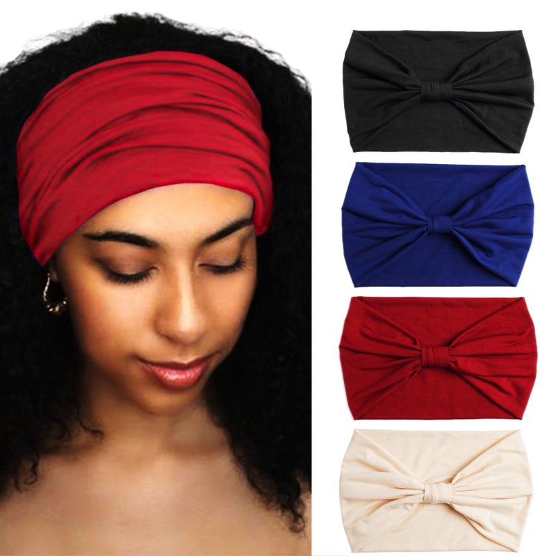 Aceorna Wide Headbands Stretch Turban Knotted Hairbands Elastic Yoga Workout Sweatband Running Sport Head Scarf Large African Head Wraps for Women 4 Pcs Set B
