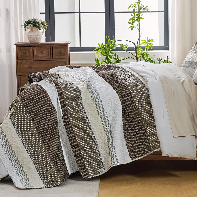 Andency King Size Quilt Set Mocha Brown, 3 Pieces Summer Ultra Soft Lightweight Bedspreads & Coverlets Set, Patchwork Striped Quilted Bedding Sets for All Seasons (1 Quilt, 2 Pillow Shams) - Image 2