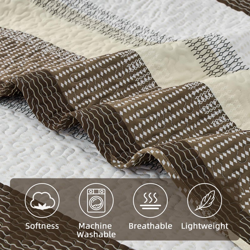 Andency King Size Quilt Set Mocha Brown, 3 Pieces Summer Ultra Soft Lightweight Bedspreads & Coverlets Set, Patchwork Striped Quilted Bedding Sets for All Seasons (1 Quilt, 2 Pillow Shams) - Image 5