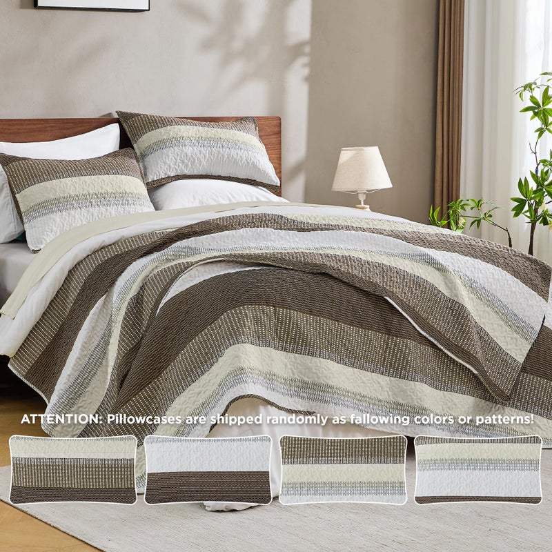 Andency King Size Quilt Set Mocha Brown, 3 Pieces Summer Ultra Soft Lightweight Bedspreads & Coverlets Set, Patchwork Striped Quilted Bedding Sets for All Seasons (1 Quilt, 2 Pillow Shams) - Image 3