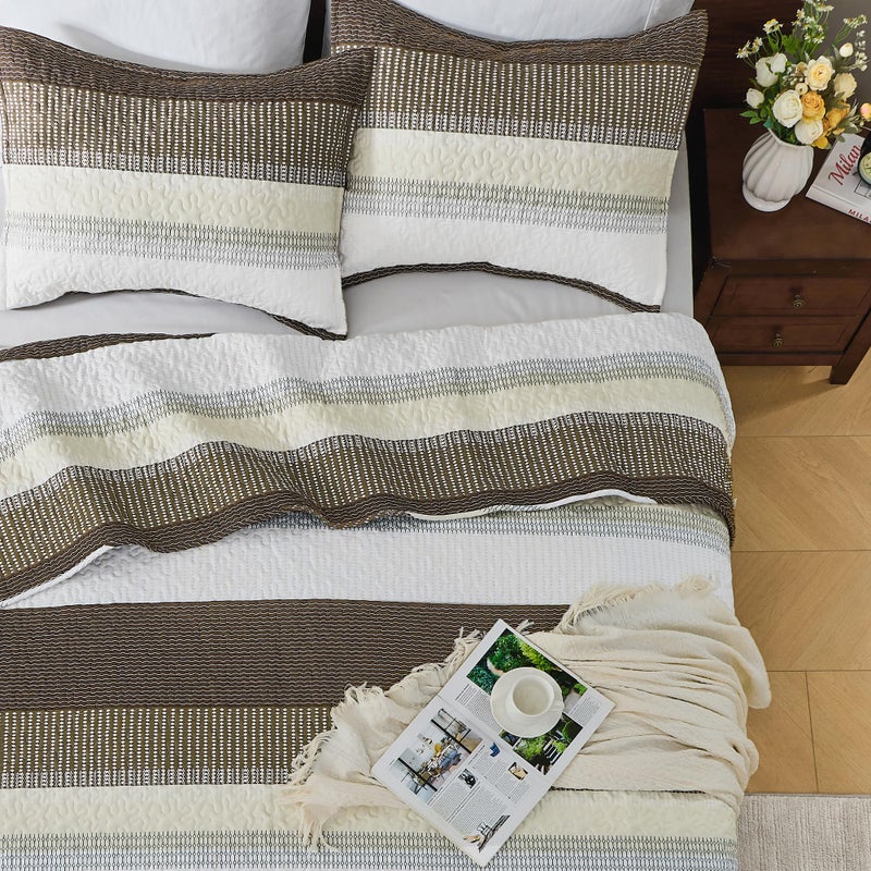 Andency King Size Quilt Set Mocha Brown, 3 Pieces Summer Ultra Soft Lightweight Bedspreads & Coverlets Set, Patchwork Striped Quilted Bedding Sets for All Seasons (1 Quilt, 2 Pillow Shams) - Image 4