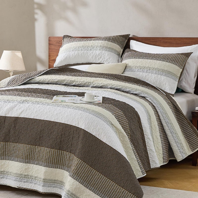 Andency King Size Quilt Set Mocha Brown, 3 Pieces Summer Ultra Soft Lightweight Bedspreads & Coverlets Set, Patchwork Striped Quilted Bedding Sets for All Seasons (1 Quilt, 2 Pillow Shams) - Image 1