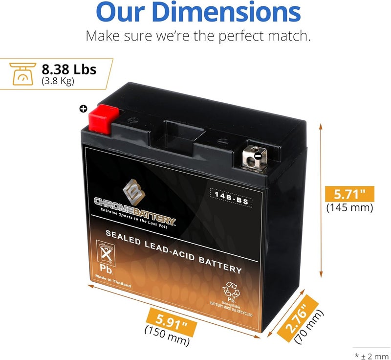 CB CHROMEBATTERY YT14B-BS 12 V 145 CCA AGM – Maintenance-Free 13 Ah Battery for Sportbike, ATV, Jet Ski, Scooter – T3 Nut & Bolt Terminal – Fits Yamaha FZ1, Honda CBR600RR, Suzuki GSX-S1000 - Image 3