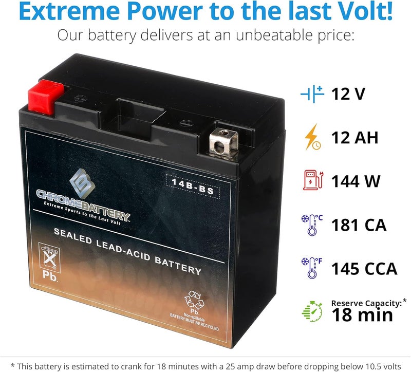 CB CHROMEBATTERY YT14B-BS 12 V 145 CCA AGM – Maintenance-Free 13 Ah Battery for Sportbike, ATV, Jet Ski, Scooter – T3 Nut & Bolt Terminal – Fits Yamaha FZ1, Honda CBR600RR, Suzuki GSX-S1000 - Image 4