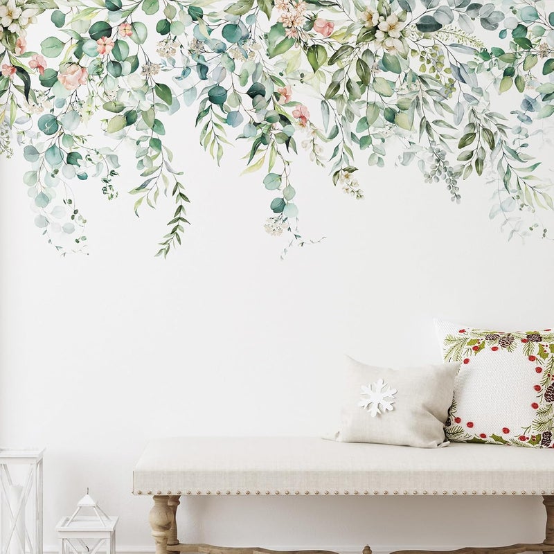 Zonon Flowers Wall Decals Stickers Vinyl Removable Peel and Stick Colorful Dragonflies Floral Wall Murals Decor for Bedroom Living Room Nursery(Greenery) - Image 2