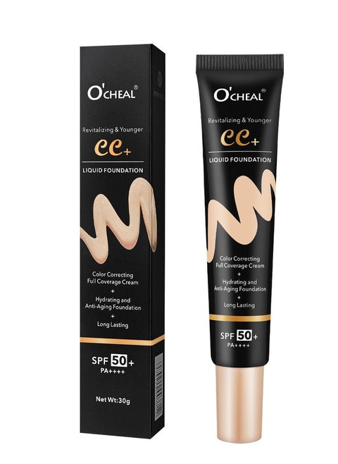 كريم أساس سائل CC+ كريم تصحيح اللون، كريم أساس بتركيبة تغطية كاملة مع واقي شمس SPF 50+ لتفتيح البشرة، كريم تصحيح اللون وإشراقة البشرة، كريم CC لتناسب لون البشرة، عاج
