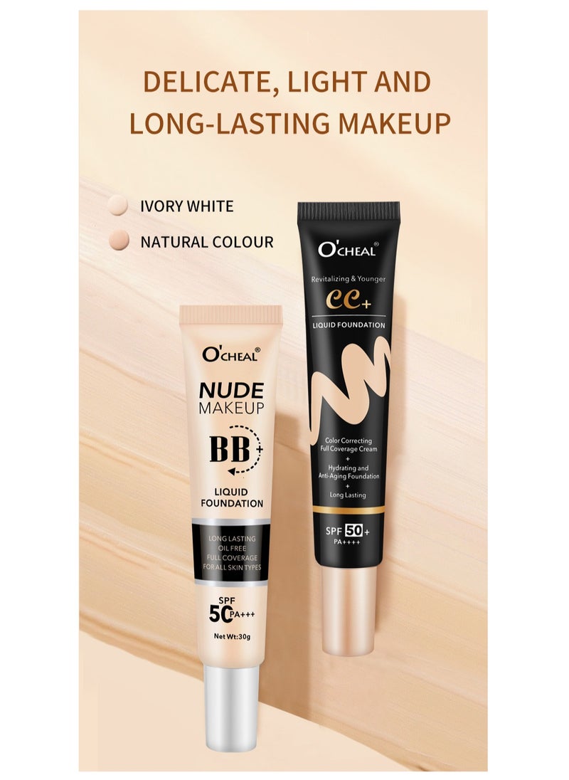 كريم أساس سائل CC+ كريم تصحيح اللون، كريم أساس بتركيبة تغطية كاملة مع واقي شمس SPF 50+ لتفتيح البشرة، كريم تصحيح اللون وإشراقة البشرة، كريم CC لتناسب لون البشرة، عاج