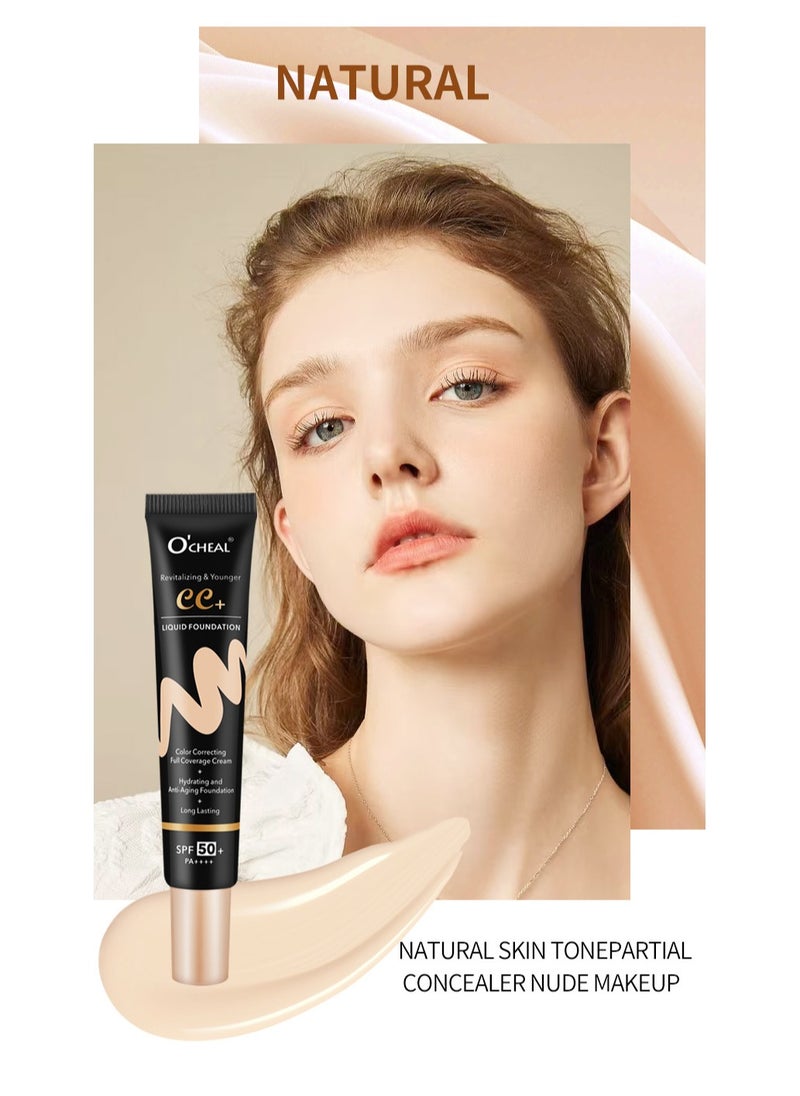 كريم أساس سائل CC+ كريم تصحيح اللون، كريم أساس بتركيبة تغطية كاملة مع واقي شمس SPF 50+ لتفتيح البشرة، كريم تصحيح اللون وإشراقة البشرة، كريم CC لتناسب لون البشرة، عاج