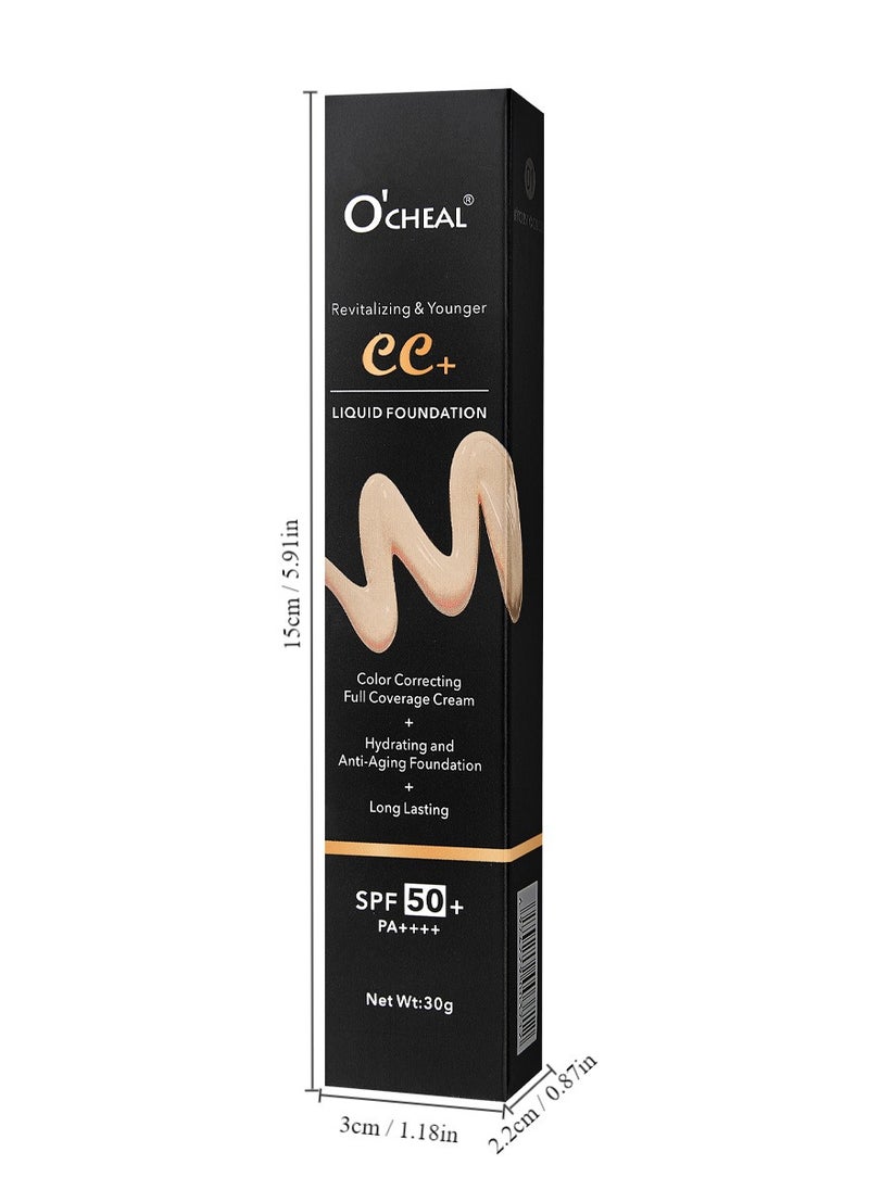 كريم أساس سائل CC+ كريم تصحيح اللون، كريم أساس بتركيبة تغطية كاملة مع واقي شمس SPF 50+ لتفتيح البشرة، كريم تصحيح اللون وإشراقة البشرة، كريم CC لتناسب لون البشرة، عاج