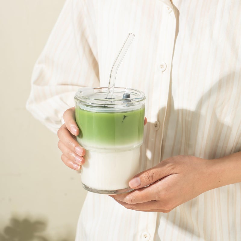 Olvini 13oz Glass Tumbler with Straw and Lid, Reusable Iced Coffee Cup Tumbler, Cute Glass Cups for Water, Matcha, Travel Coffee Mugs (Clear) - Image 4