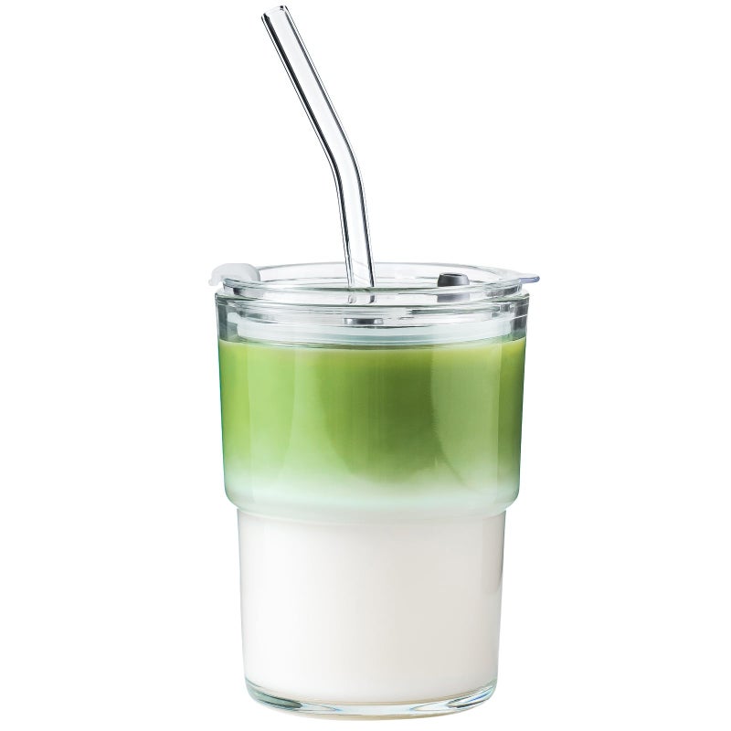 Olvini 13oz Glass Tumbler with Straw and Lid, Reusable Iced Coffee Cup Tumbler, Cute Glass Cups for Water, Matcha, Travel Coffee Mugs (Clear) - Image 1