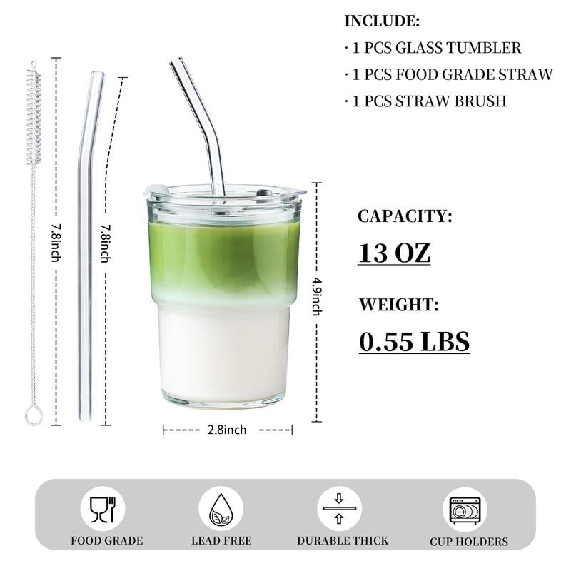 Olvini 13oz Glass Tumbler with Straw and Lid, Reusable Iced Coffee Cup Tumbler, Cute Glass Cups for Water, Matcha, Travel Coffee Mugs (Clear) - Image 3